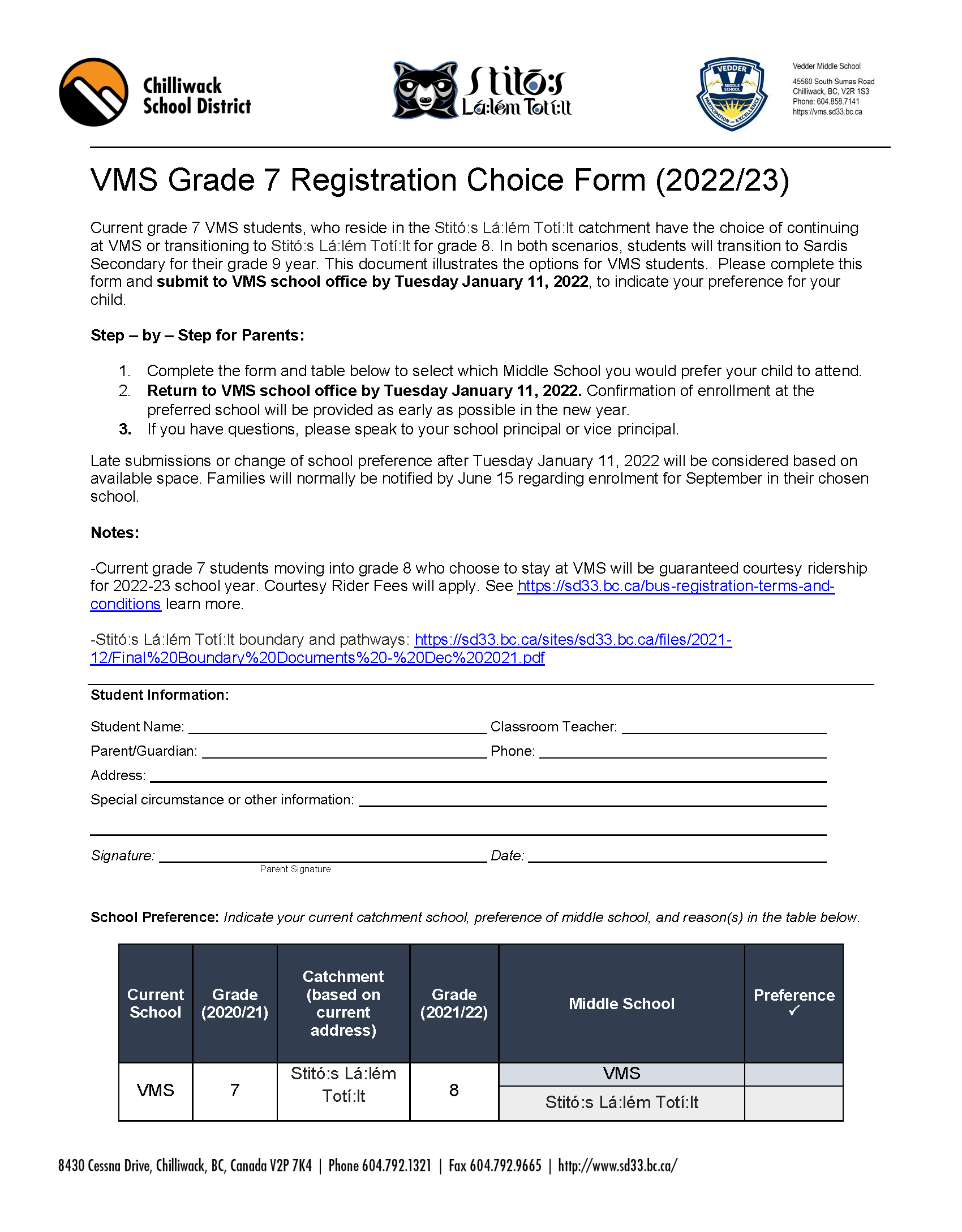 VMS Grade 8 Options for 2022-23 Registration